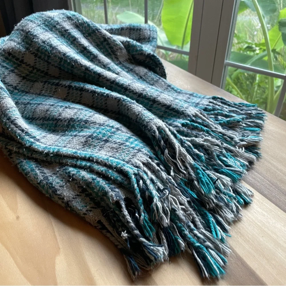 West Elm Plaid Fringe Throw Blanket | 50x70in | Blue & Gray